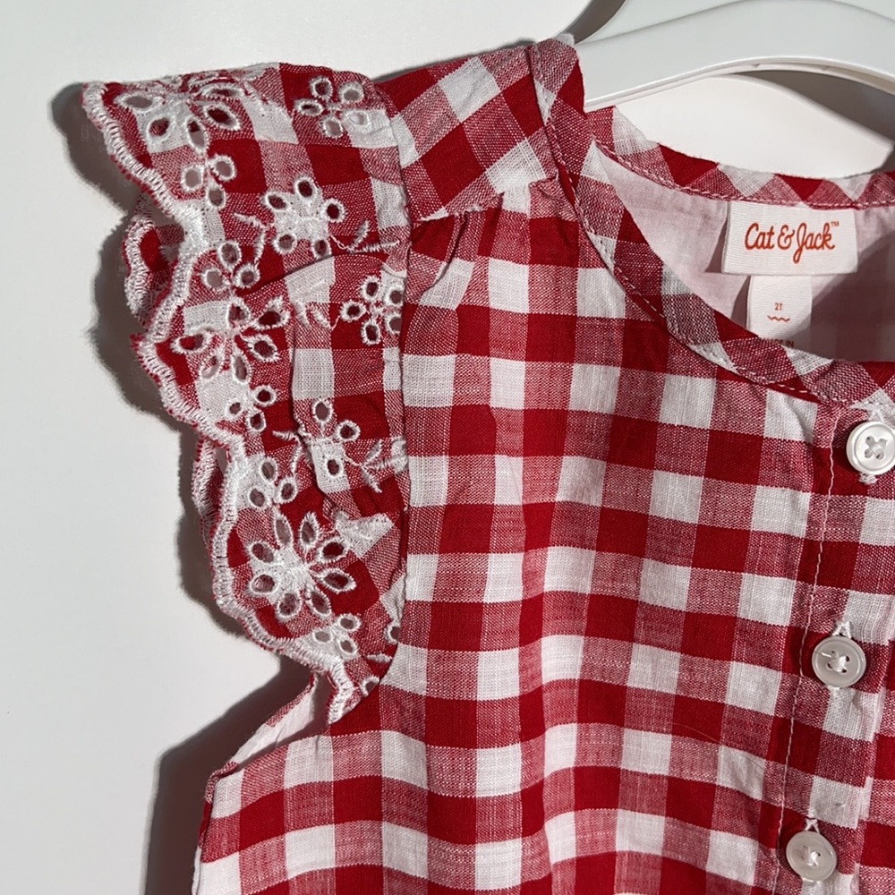 Toddler Girl’s Red & White Gingham Print Romper w/ Eyelet Detailing and Pockets - Picture 4 of 8